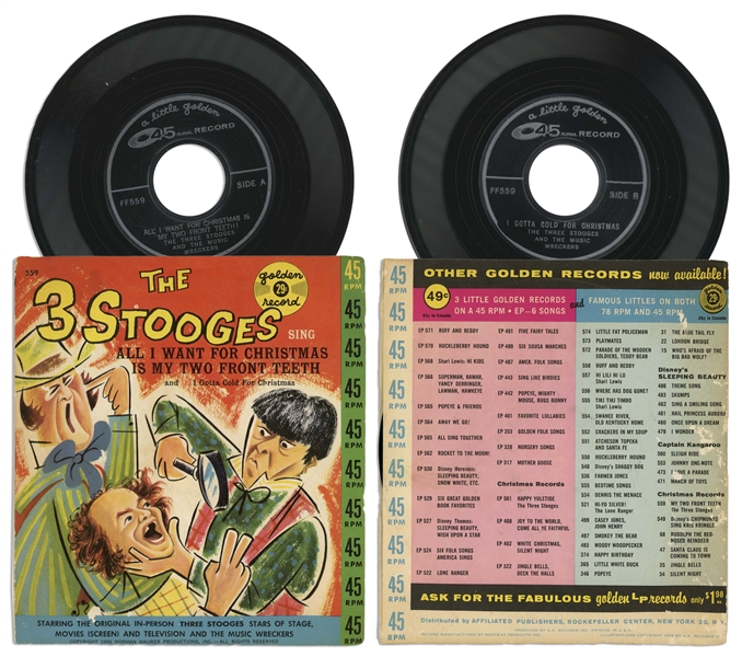Lot of 11 Vinyl Records With Three Stooges Recordings for Children -- Circa 1960s With Curly Joe -- Plus Flyer Promoting Their Albums -- Not Played, But Albums Appear Very Good With Some Unopened
